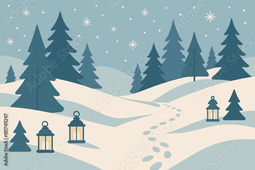 Minimalist serenity flat trees snowflakes illustration scene calm landscape lanterns hills vector