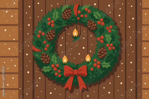 Vector glowing small holiday festive falling candles wreath lightly winter illustration ribbons