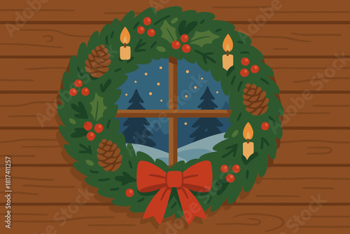 Scene pine pinecones illustration wreath cabin ribbon festive winter cozy vector evening