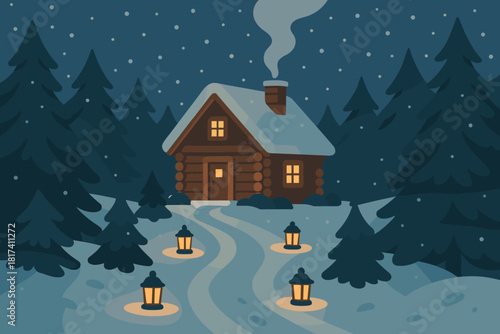 Trees cabin vector from side snowy retreat illuminating illustration falling chimney leading