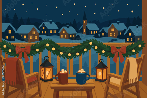 Garlands above illustration cozy pine sky balcony lanterns vector decor ribbons