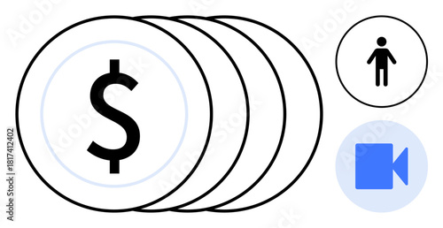 Stacked coins with dollar sign, user icon, and video meeting icon suggest financial planning, online collaboration, and communication. Ideal for business, finance, technology, teamwork investment