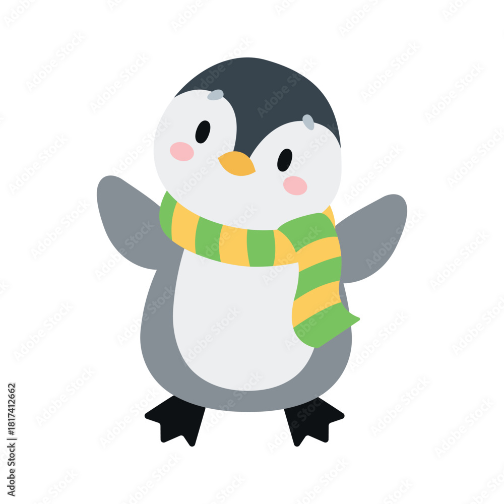 Naklejka premium Adorable little penguin wearing a striped scarf. Isolated background. Flat-style vector illustration