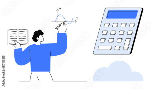 Man holds book while analyzing graph with pen alongside large calculator and cloud. Ideal for education, learning, math concepts, analytics, research, digital tools, academic projects. Simple flat