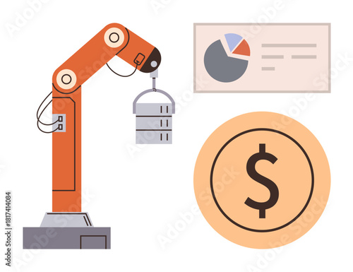 Robotic arm lifting object, pie chart, and dollar icon. Ideal for automation, manufacturing, financial growth, technology, robotics industry and cost management themes. A simple flat metaphor