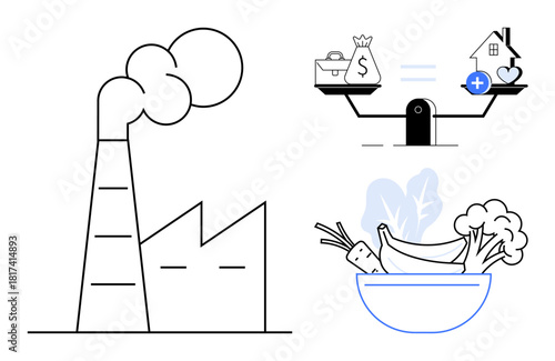 Sustainability concept. Sustainability ed by industry pollution, balancing health costs and finances, and transitioning to nutritious food. Perfect for ecology, economy, health, lifestyle