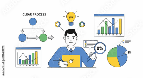 Businessman analyzing data charts, a flow process, and a magnifying glass to achieve a clear, innovative strategy and understanding.
