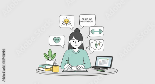 Woman planning her mental and physical wellness routine, including gratitude, exercise, and meditation, with a laptop and journal.