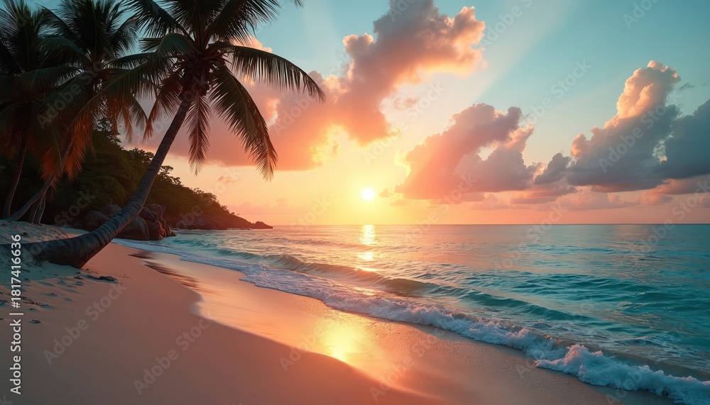 Fototapeta premium Sunset sea view with palm tree. Sunlight pierces clouds over ocean waves. Coastline shows calm turquoise water on empty tropical beach. Vacation paradise landscape during golden hour brings