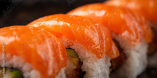 Row of Salmon Sushi Rolls