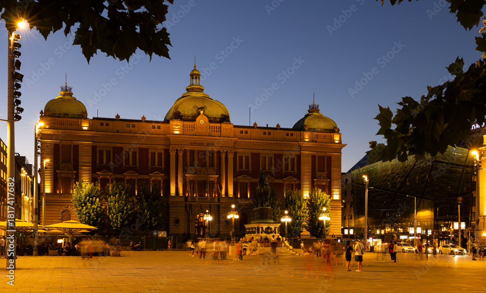 Obraz premium Belgrade, Serbia - August 9, 2025: Night view of National Museum of Serbia in Belgrade