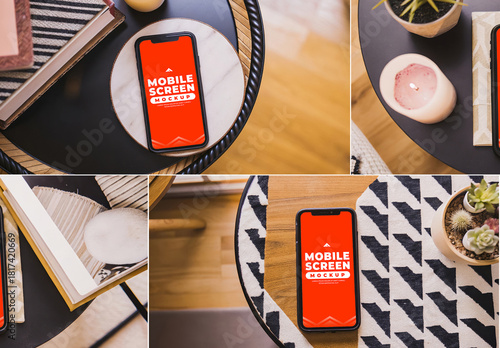 Mobile Phone Screen Mockup Top Down View on a Wooden Desk with Coffee