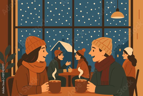 Warm winter clothes windows vector large outside scene cozy illustration falling cafe