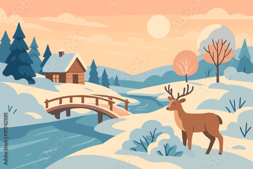 Vector pastel river landscape serenity frozen illustration deer sunset countryside sky winter