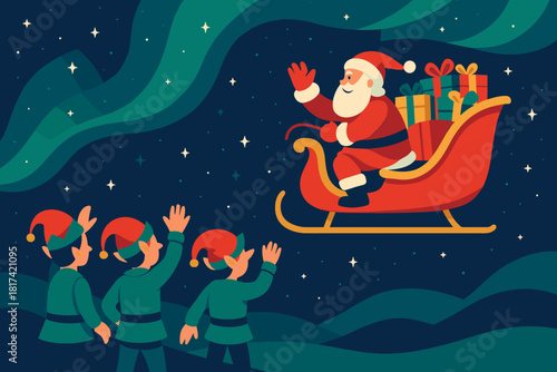 Elves illustration lights starry night vector s he into as santa sleigh