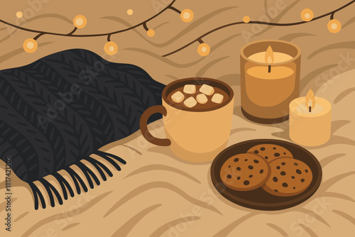 Essentials winter sense illustration comfort blanket lights bedspread cozy cookies hot warm