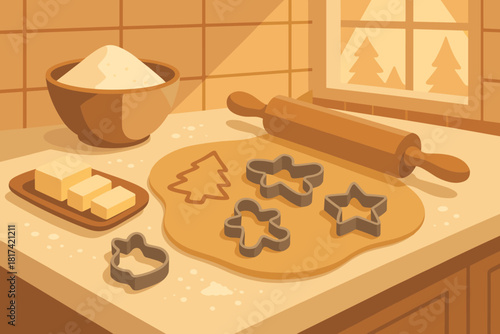 Festive rolled illustration dough vector kitchen warm out preparation soft cookie butter