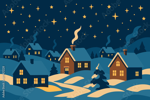 Vector from rooftops night snowy winter stars village snowbanks illustration chimneys above