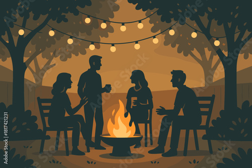 Silhouettes backyard friends fairy illumination chatting glowing festive glow lights vector hanging