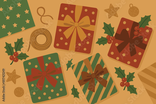 Holly illustration bows materials satin vector wrapping patterned festive delight holiday glittery