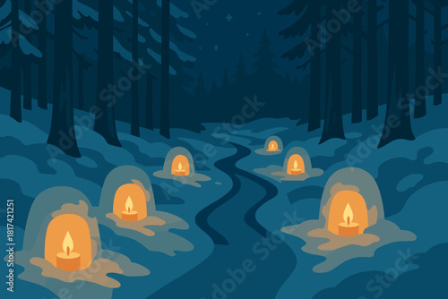 Snow candles warm illustration vector among path candlelit forest winter outdoor placed