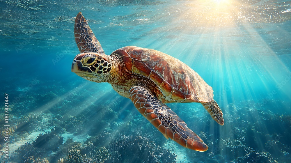 Obraz premium Green sea turtle swimming gracefully in clear blue ocean water with sun rays.