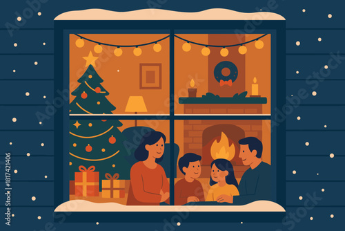 Gathering living evening room showing decorated cozy festive view lights illustration vector