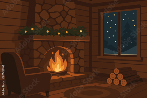 Cozy illustration visible fireplace vector garlands rustic snow filling outside mantel calm