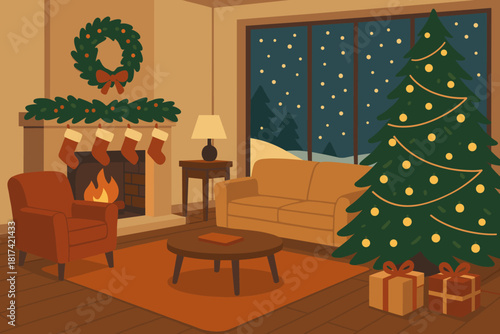 Ornaments tree living illustration festive room filled fireplace window decorated vector furniture