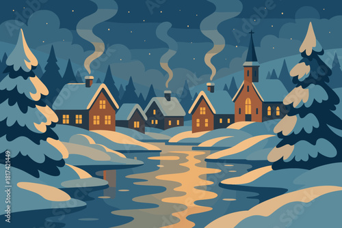 Illustration village soft vector wonderland reflecting warmly chimneys winter frozen golden covered