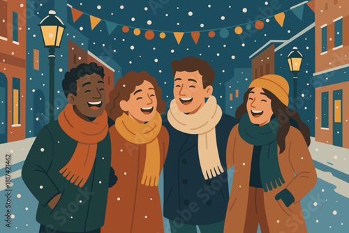 Glowing colorful decorations laughing stroll joy winter vector illustration friends walking bundled