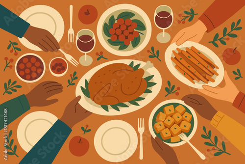 Table across gathering illustration reaching fruits view glasses festive share wine vector