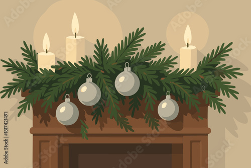 Ornaments mantel decorated festive illustration sprigs decor garland vector soft wooden