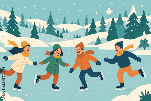 Joyful scene winter illustration lake cheeks frozen skating flying vector around rosy