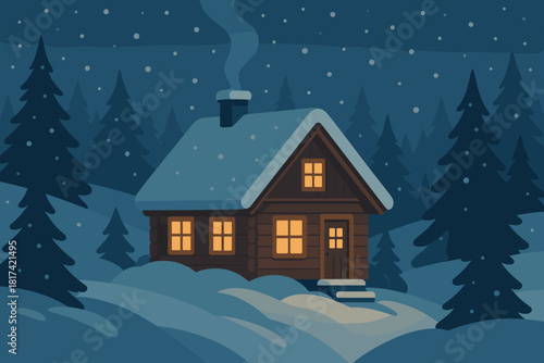 Cabin soft illustration windows pine vector cozy view chalet snowy trees surrounding
