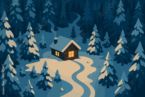 Cozy trees single it aerial illustration snow cabin vector disappearing path into