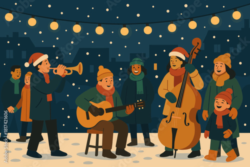 Lights square musicians street string evening smiling illustration music vector playing festive