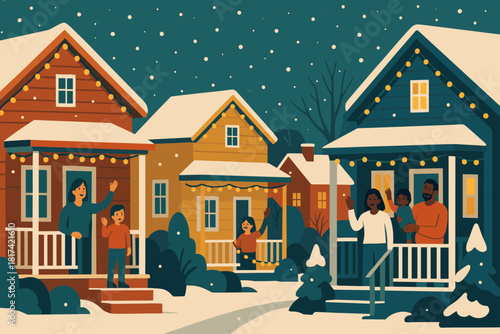 Waving illustration neighborhood porches serenity festive quiet vector happiness everyone covered families