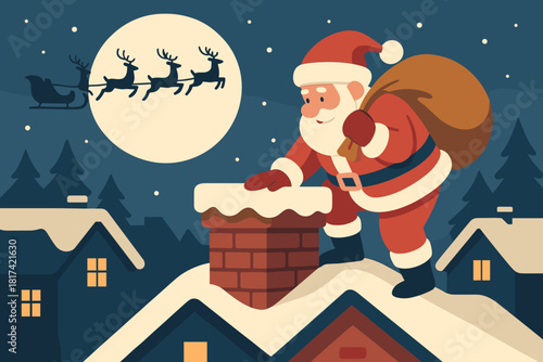 Climbing illustration bag into against silhouettes rooftops s santa sky vector moonlit