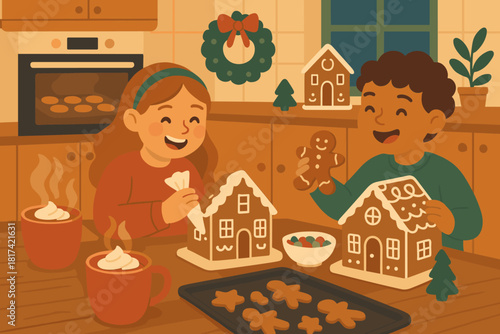 Baking holiday cocoa steaming laughter warm scene cookies mugs fun illustration kitchen