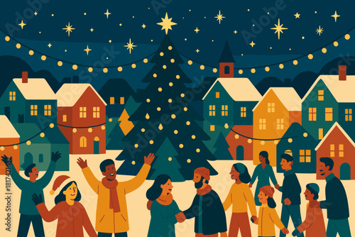 People twinkling decorated over festive starry joyfully illustration gathering vector rooftops