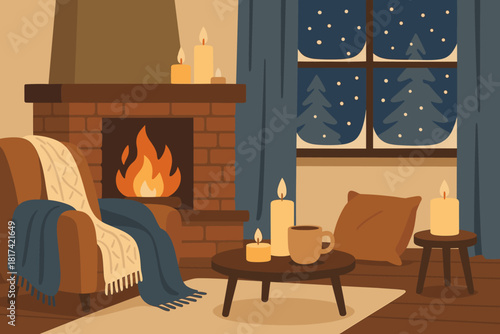 Living retreat outside peaceful glowing windows cozy vector candles illustration snow winter