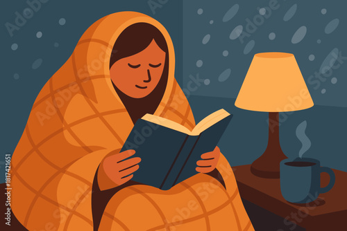 Cozy nearby reading person vector beside faint cup wrapped winter wall illustration