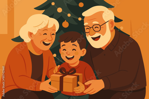 Family radiating heartwarming gift tree to present vector grandchild joyful illustration exchange