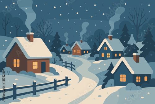 Village soft charming illustration trees rising lining small narrow path vector snowy