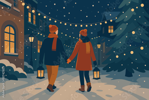 Through surrounded illustration holding festive snowy walking vector falling stroll lanterns street