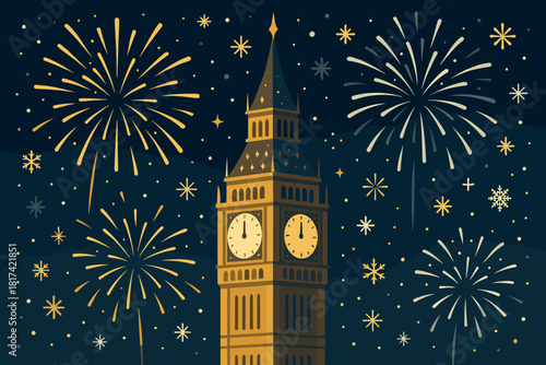 Sky against snowflakes glowing midnight vector tower around fireworks gold clock illustration