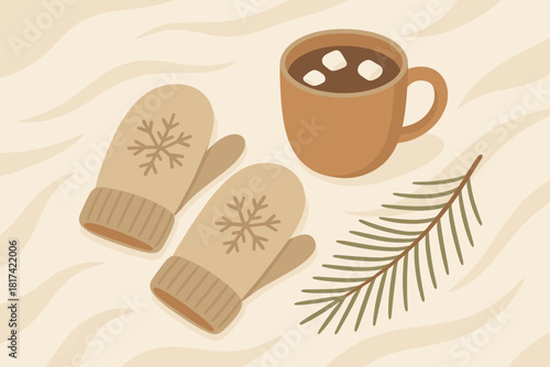 Still winter illustration mittens gentle tones cocoa cozy vector pine mug blanket