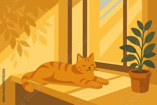 Cat morning warm golden light vector sill streaming shadows sunny sunlit illustration
