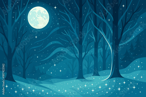 Creating snowy winter dreamlike flakes sparkles swirls vector glowing moonlit illustration forest